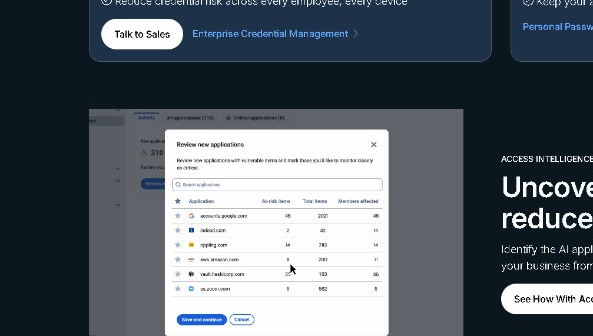 Bitwarden Access Intelligence dashboard showing review of new applications and credential risk metrics