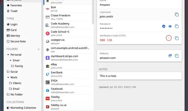 Bitwarden desktop app organized with folders, types, and collections
