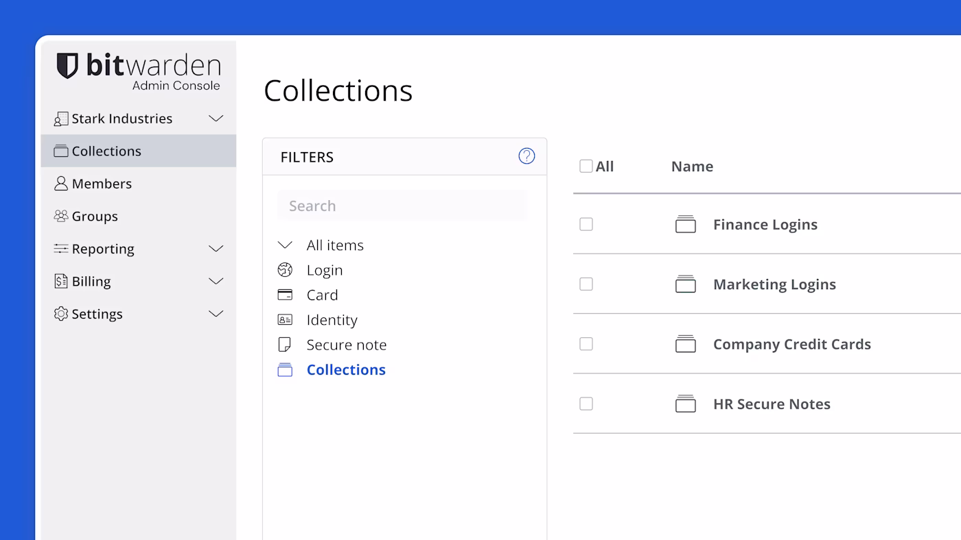 Bitwarden centralized administration dashboard with collections and access controls