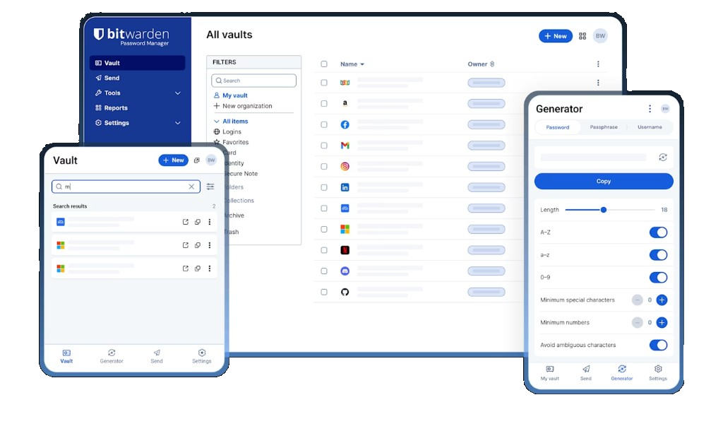 Bitwarden password manager vault and generator on desktop and mobile devices